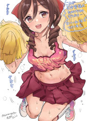 Rule 34 | 1girl, artist name, blush, breasts, brown eyes, brown hair, cheering, cheerleader, clothes writing, collarbone, drill hair, hair between eyes, hair ribbon, harukaze (kancolle), highres, holding, holding pom poms, kantai collection, mizuta kenji, one-hour drawing challenge, open mouth, pleated skirt, pom pom (cheerleading), pom poms, red ribbon, red skirt, ribbon, shoes, short hair, signature, simple background, skirt, small breasts, smile, sneakers, socks, solo, speech bubble, translation request, twin drills, twitter username, white background, white socks