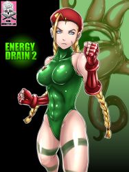 Rule 34 | 1girl, bare shoulders, bhm, blonde hair, blue eyes, bodypaint, braid, breasts, cammy white, fighting stance, gauntlets, hat, large breasts, legs, leotard, long hair, looking at viewer, monster, scar, serious, simple background, standing, street fighter, thighs, twin braids