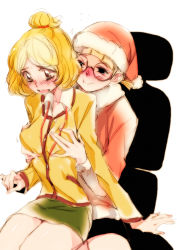 Rule 34 | 2girls, animal crossing, blonde hair, blush, breasts, glasses, grabbing, grabbing another&#039;s breast, hat, isabelle (animal crossing), multiple girls, nintendo, personification, santa hat, simple background, sitting, skirt, smile, tima, villager (animal crossing), white background, yuri