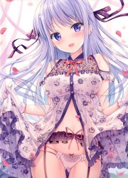 Rule 34 | 1girl, aqua hair, babydoll, blush, bow, bow panties, breasts, buttons, cameltoe, clothes lift, commentary request, cowboy shot, flashing, frilled panties, frills, garter straps, gloves, gluteal fold, gradient hair, hair ribbon, half updo, highres, lifted by self, light purple hair, long hair, looking at viewer, medium breasts, mole, mole under eye, multi-strapped panties, multicolored hair, navel, neck ribbon, original, panties, petals, purple babydoll, purple eyes, purple hair, purple panties, purple ribbon, red bow, red ribbon, ribbon, sidelocks, solo, sousouman, standing, stomach, teeth, underwear, upper teeth only, white gloves
