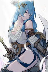 Rule 34 | 1girl, ass, bare shoulders, blue hair, breasts, detached sleeves, gauntlets, long hair, looking at viewer, medium breasts, original, parted lips, purple eyes, sheath, sheathed, shield, solo, sword, symbol-shaped pupils, walzrj, weapon, wings