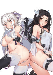 Rule 34 | 2girls, ass, bare shoulders, bikini, black gloves, black hair, black legwear, blue ribbon, blush, breasts, brown eyes, butterfly hair ornament, covered erect nipples, criss-cross halter, detached sleeves, domino mask, elbow gloves, frown, gloves, grey eyes, hair ornament, hair ribbon, halterneck, highres, holding, holding mask, large breasts, long hair, looking at viewer, mask, medium breasts, multiple girls, one-piece swimsuit, original, parted bangs, ponytail, revealing clothes, ribbon, sideboob, stmast, swimsuit, tassel, thigh strap, thighhighs, thong bikini, thong swimsuit, underboob, very long hair, wet, white bikini, white gloves, white hair, white legwear, white one-piece swimsuit