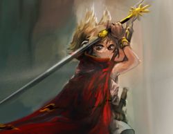 Rule 34 | 1girl, arms up, blonde hair, cape, closed mouth, erty113, flower, from behind, gold, gold bracelet, holding, holding sword, holding weapon, jewelry, light rays, looking back, outdoors, pointy hair, red cape, short hair, solo, sunbeam, sunlight, sword, touhou, toyosatomimi no miko, water, weapon