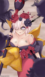 Rule 34 | 1girl, bad id, bad pixiv id, bare shoulders, black-framed eyewear, black kimono, breasts, cleavage, collar, commentary request, cosplay, fate/grand order, fate (series), glasses, hair bun, hair ornament, hair over one eye, holding, ink, ink on face, japanese clothes, katsushika hokusai (fate), katsushika hokusai (fate) (cosplay), kimono, large breasts, looking at viewer, mash kyrielight, octopus, off shoulder, parted lips, pink hair, purple eyes, red skirt, short hair, side bun, single hair bun, single side bun, skirt, sleeves pushed up, solo, tasora, twitter username