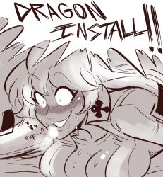 Rule 34 | 1girl, absurdres, arc system works, blush, breasts, cleavage, close-up, constricted pupils, dragon install, english text, female focus, gameplay mechanics, greyscale, guilty gear, heart, hetero, highres, jack-o&#039; valentine, large breasts, long hair, monochrome, nervous, nervous sweating, saliva, scruffyturtles, smile, sol badguy, solo, surprised, sweat, wide-eyed