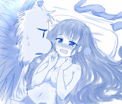 Rule 34 | 1girl, :d, bestiality, blue theme, blunt bangs, breasts, cleavage, covering privates, covering breasts, hair down, hedgehog, highres, interspecies, large breasts, long hair, lying, missionary, monochrome, new game!, on back, open mouth, pillow, smile, soujirou (new game!), sweat, takimoto hifumi, tears, very long hair, viperxtr