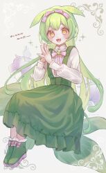 Rule 34 | 1girl, adapted costume, alternate hairstyle, blush, collared shirt, colored shoe soles, commentary, frilled skirt, frills, full body, fuyu (xxfylia), green footwear, green hair, green skirt, hair ribbon, hands up, highres, legs together, long hair, long skirt, long sleeves, looking at viewer, neck ribbon, open mouth, own hands together, pink ribbon, ribbon, shirt, shoes, sitting, skirt, smile, solo, steepled fingers, suspender skirt, suspenders, very long hair, voicevox, white shirt, yellow eyes, zundamon