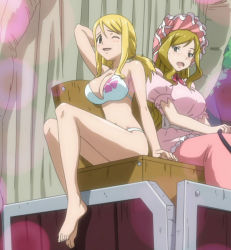 Rule 34 | 2girls, bikini, blonde hair, blue eyes, breasts, brown eyes, fairy tail, feet, highres, imitatia (fairy tail), large breasts, long hair, lucy heartfilia, michelle lobster, multiple girls, screencap, smile, stitched, swimsuit, third-party edit, wink