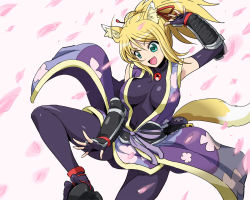 Rule 34 | 10s, 1girl, :d, animal ears, blonde hair, breasts, cherry blossoms, dog days, fang, fingerless gloves, fox ears, fox tail, gloves, green eyes, hair ribbon, hairu, jewelry, large breasts, long hair, necklace, open mouth, ponytail, ribbon, smile, solo, tail, yukikaze panettone