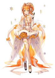 Rule 34 | aria (destiny child), bow, bowtie, breasts, destiny child, dress, frilled dress, frills, green eyes, hair bow, hair ornament, looking at viewer, microphone, orange hair, side ponytail, small breasts, snowflakes, star (symbol), tagme, thighhighs, transparent background, wings