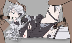 Rule 34 | 1girl, 2boys, animal ears, arms behind back, asaripan, bar censor, bare hips, censored, girls&#039; frontline, green hair, grey background, group sex, ksvk (girls&#039; frontline), long hair, looking at penis, lying, mechanical arms, multiple boys, nipples, oral, penis, pubic hair, pussy, rape, restrained, sex, testicles, thighs, threesome, torn clothes, white hair