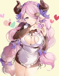 Rule 34 | + +, 1girl, apron, blush, bow, braid, breasts, brown dress, cleavage, cleavage cutout, closed mouth, clothing cutout, cowboy shot, draph, dress, frilled apron, frills, granblue fantasy, hair bow, hair ornament, heart, heart cutout, heart hair ornament, heart hands, horns, large breasts, long hair, long sleeves, looking at viewer, narmaya (granblue fantasy), narmaya (valentine) (granblue fantasy), pink hair, pointy ears, purple eyes, sakuragi kei, simple background, smile, solo, standing, striped clothes, striped dress, sweater, sweater dress, swept bangs, thighs, twin braids, vertical-striped clothes, vertical-striped dress, very long hair, white apron, yellow background