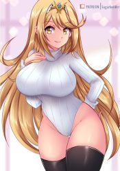 Rule 34 | 1girl, blonde hair, breasts, gem, headpiece, large breasts, leotard, long hair, mythra (xenoblade), pantyhose, solo, sugarbell, sweater, swept bangs, tiara, very long hair, xenoblade chronicles (series), xenoblade chronicles 2, yellow eyes