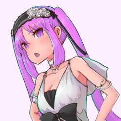 Rule 34 | 1girl, armlet, bare shoulders, blush, breasts, cleavage, collarbone, dress, euryale (fate), euryale (third ascension) (fate), fate/grand order, fate (series), hairband, highres, jewelry, kopaka (karda nui), lolita hairband, long hair, looking at viewer, necklace, open mouth, purple eyes, purple hair, simple background, solo, twintails, white background