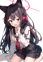 Rule 34 | 1girl, absurdres, animal ear fluff, animal ears, black hair, black sailor collar, black skirt, blue archive, breasts, commentary request, double-parted bangs, hair between eyes, halo, hand to own mouth, headset, highres, ice laozei, long hair, long sleeves, medium breasts, neckerchief, open mouth, pink halo, pink headphones, pleated skirt, red eyes, red neckerchief, sailor collar, school uniform, serafuku, shirt, simple background, sitting, skirt, solo, wariza, white background, white shirt, yukino (blue archive)