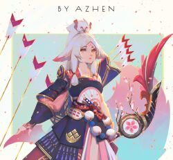 Rule 34 | animal ears, armor, arrow (projectile), artist name, bow (weapon), cowboy shot, dress, ears down, facial mark, forehead mark, hakurou (onmyoji), highres, holding, holding bow (weapon), holding weapon, japanese armor, long tail, looking to the side, low-tied sidelocks, onmyoji, parted lips, pink dress, ponytail, quiver, shoulder armor, tail, weapon, white hair, wolf ears, wolf girl, wolf tail, yellow eyes, yi er san