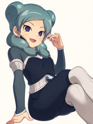 Rule 34 | 1girl, :d, aqua hair, armband, asada hachi, beta (inazuma eleven), breasts, commentary request, highres, inazuma eleven (series), inazuma eleven go, inazuma eleven go chrono stone, crossed legs, long hair, long sleeves, looking at viewer, no pupils, open mouth, protocol omega, purple eyes, simple background, sitting, small breasts, smile, solo, white background, white legwear