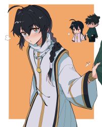 Rule 34 | 1boy, 1other, ahoge, androgynous, aqua kimono, black hair, blush, blush stickers, border, braid, braided ponytail, brown hair, chibi, closed mouth, clothes grab, commentary request, fate/samurai remnant, fate (series), hair between eyes, hair intakes, highres, japanese clothes, jewelry, kimono, long hair, looking at another, looking at viewer, miyamoto iori (fate), multicolored hair, necklace, orange background, outside border, pout, yamato takeru (fate), shirosaki20725, short hair, simple background, sleeve grab, streaked hair, sweatdrop, white border, white hair, wide sleeves
