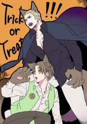 Rule 34 | 2boys, animal hands, axis powers hetalia, blonde hair, blue cape, brown hair, buttons, cape, collared shirt, fangs, germany (hetalia), green vest, hair slicked back, halloween, kemonomimi mode, long sleeves, looking afar, male focus, multiple boys, northern italy (hetalia), official alternate costume, open collar, pants, pectoral cleavage, pectorals, searching, shirt, trick or treat, vest, white pants, wolf boy, wwwizumiya