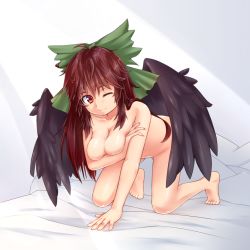 Rule 34 | 1girl, bow, breast hold, breasts, brown hair, hair bow, large breasts, long hair, nude, one eye closed, red eyes, reiuji utsuho, shiratsuki shiori, solo, touhou, wings