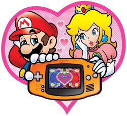 Rule 34 | blonde hair, brown hair, crown, earrings, facial hair, gloves, handheld game console, hat, heart, jewelry, lipstick, makeup, mario, mario (series), mario party, mario party advance, mustache, nintendo, official art, princess peach, smile, spoken heart, valentine