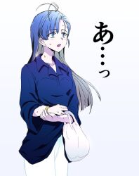 Rule 34 | 1girl, ado (utaite), ahoge, bag, blue eyes, blue hair, bracelet, breasts, collarbone, collared shirt, commentary request, handbag, jewelry, long hair, long sleeves, medium breasts, merry (ado), ohiyaglass, open mouth, pants, readymade (ado), shirt, solo, sweat, translated, white bag, white pants