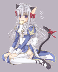Rule 34 | 1girl, alternate color, animal ears, black footwear, blue dress, blush, bow, bread slice, cat ears, cat girl, cat tail, closed mouth, commentary request, cross, cross necklace, dress, food, food in mouth, full body, garter straps, grey background, grey hair, hair between eyes, hair bow, heart, high priest (ragnarok online), jewelry, juliet sleeves, long hair, long sleeves, looking at viewer, mary janes, mouth hold, necklace, nia (littlestars), puffy sleeves, ragnarok online, red bow, sash, shoes, sitting, smile, solo, tail, tail bow, tail ornament, thighhighs, toast, toast in mouth, two-tone dress, wariza, white bow, white dress, white sash, white thighhighs