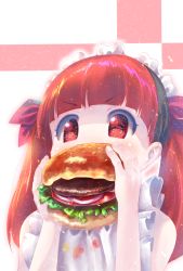 Rule 34 | 1girl, blunt bangs, blush, bonnet, bow, burger, commentary request, food, food on clothes, hair bow, highres, holding, holding food, kemurikusa, lettuce, onion, red bow, red eyes, red hair, rina (kemurikusa), solo, tomato, twintails, upper body, usapenpen2019, v-shaped eyebrows