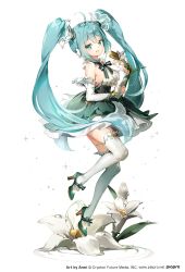 Rule 34 | 1girl, absurdres, ahoge, anmi, aqua eyes, aqua hair, armpit crease, bare shoulders, black ribbon, blue dress, commentary, crypton future media, detached sleeves, dress, flower, frilled sleeves, frills, from side, full body, hair flower, hair ornament, hatsune miku, highres, holding, holding flower, holding microphone, layered dress, leg up, long hair, looking at viewer, looking to the side, microphone, neck flower, neck ribbon, official art, open mouth, oversized flower, piapro, ribbon, ripples, sleeveless, sleeveless dress, smile, solo, sparkle, thighhighs, twintails, very long hair, vocaloid, water drop, white background, white flower, white sleeves, white thighhighs, zettai ryouiki