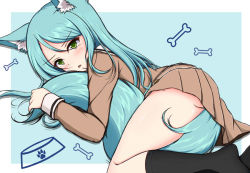 Rule 34 | 1girl, animal ear fluff, animal ears, bang dream!, between legs, black socks, blue background, blue hair, blush, brown serafuku, brown shirt, brown skirt, commentary request, dog ears, dog girl, dog tail, green eyes, hair between eyes, hikawa sayo, hugging own tail, hugging tail, kemonomimi mode, kneehighs, long hair, lying, no shoes, on side, parted bangs, parted lips, pleated skirt, sailor collar, school uniform, serafuku, shirt, skirt, socks, solo, sonosakiburi, tail, tail between legs, two-tone background, v-shaped eyebrows, very long hair, white background, white sailor collar