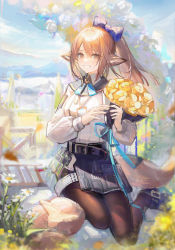 Rule 34 | 1girl, absurdres, animal ears, arknights, black pantyhose, bouquet, fennec fox, flower, fox ears, hair ribbon, high ponytail, highres, holding, holding bouquet, id card, loafers, neriash, official alternate costume, pantyhose, perfumer (arknights), perfumer (species plantarum) (arknights), ponytail, ribbon, shoes, sitting, vial