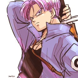 Rule 34 | 1boy, arm up, artist name, black shirt, blue eyes, dragon ball, dragonball z, frown, jacket, looking away, male focus, miiko (drops7), purple hair, serious, shirt, short hair, simple background, solo, solo focus, sword, trunks (dragon ball), trunks (future) (dragon ball), weapon, white background