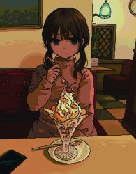 Rule 34 | 1girl, aliasing, black hair, booth seating, cellphone, cherry, clock, closed mouth, female focus, food, fork, fruit, holding, holding fork, low twintails, nanami yuki (yuki77mi), original, parfait, phone, pixel art, restaurant, shadow, sitting, smartphone, smile, solo, spoon, table, twintails, upper body