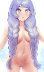 Rule 34 | 1girl, :o, alternate hairstyle, blue eyes, blue hair, boku no hero academia, braid, breasts, completely nude, cowboy shot, hadou nejire, hair over breasts, highres, long hair, medium breasts, navel, nude, open mouth, pussy, shpo, solo, twin braids, very long hair, white background
