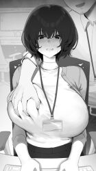 Rule 34 | 1boy, 1girl, blush, breasts, collared shirt, crying, grabbing, grabbing another&#039;s breast, greyscale, groping, highres, keyboard (computer), large breasts, long sleeves, mirei, monochrome, office lady, original, parted lips, scared, sexual harassment, shirt, shirt tucked in, short hair, smile, solo focus, tearing up, teeth