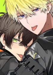 Rule 34 | 2boys, ;p, alban knox, arm pouch, black jacket, blonde hair, blush, brown hair, closed mouth, commentary request, crossed bangs, fang, green background, green eyes, hair between eyes, highres, jacket, looking at viewer, looking to the side, male focus, mole, mole on neck, multiple boys, nijisanji, nijisanji en, one eye closed, open mouth, pouch, purple eyes, roro (roro32b), short hair, simple background, skin fang, sonny brisko, teeth, tongue, tongue out, upper body, upper teeth only, virtual youtuber