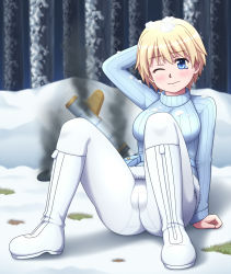 Rule 34 | 10s, 1girl, blonde hair, blue eyes, blush, brave witches, breasts, cameltoe, highres, large breasts, nikka edvardine katajainen, pantyhose, solo, spread legs, strike witches, world witches series