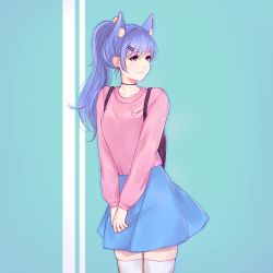 Rule 34 | 1girl, animal ear fluff, animal ears, backpack, bag, black neckwear, blue eyes, blue hair, blue skirt, breasts, casual, cat ears, choker, closed mouth, collarbone, commentary, cowboy shot, earrings, fictional persona, hair between eyes, hair ornament, hairclip, highres, jewelry, jinkkap, long hair, long sleeves, looking away, miniskirt, nike (company), original, own hands together, pink shirt, ponytail, shirt, skindentation, skirt, smile, solo, stud earrings, thigh gap, thighhighs, v arms, white thighhighs, zettai ryouiki