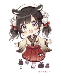 Rule 34 | 1girl, :d, animal, animal ears, black footwear, black hair, blush, brown kimono, character request, commentary request, grey eyes, hair ornament, head scarf, highres, japanese clothes, kimono, long sleeves, open mouth, pantyhose, pleated skirt, rabbit, rabbit ears, red skirt, sakura oriko, sandals, simple background, skirt, smile, solo, standing, standing on one leg, translation request, twintails, utsunomiya-sen meguri, white background, wide sleeves, zouri
