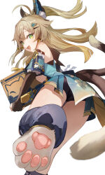 Rule 34 | 1girl, ahoge, animal ears, ass, bare shoulders, blue vest, bridal gauntlets, brown hair, cat ears, cat girl, courier bag, detached sleeves, feet, feet out of frame, foot focus, fur trim, genshin impact, green eyes, hair between eyes, hair ornament, hairclip, high ponytail, highres, japanese clothes, kirara (genshin impact), multiple tails, nima (niru54), open mouth, solo, tail, thighs, two tails, vest, white background