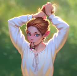 Rule 34 | 1girl, brown hair, commentary, elf, eyebrows, freckles, green background, hair tie, hair tie in mouth, highres, long hair, long sleeves, looking at viewer, mouth hold, multicolored eyes, original, outdoors, pointy ears, sergey samarskiy, shirt, simple background, solo, tying hair, upper body, white shirt
