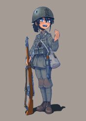 Rule 34 | 1girl, :d, ammunition pouch, bayonet, belt, black hair, blush, bolt action, buttons, canteen, che vuoi? (italian gesture), collar tabs, combat helmet, cross-laced footwear, erica (naze1940), full body, gun, gun sling, hair between eyes, helmet, highres, holding, holding gun, holding weapon, italian army, leg wrap, legs together, load bearing equipment, long hair, long sleeves, military, military rank insignia, military uniform, open mouth, original, pants, ponytail, pouch, puttee, rifle, shadow, shirt, shoulder boards, sidelocks, simple background, smile, soldier, solo, teeth, uniform, upper teeth only, weapon, world war ii