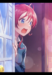 Rule 34 | 1girl, ahoge, blue eyes, blue jacket, blush, breasts, brick wall, bubble, collar, commentary request, day, door, hand up, jacket, letterboxed, long sleeves, looking away, love live!, love live! superstar!!, medium breasts, open door, open mouth, red hair, school uniform, shamakho, short hair, solo, teeth, upper body, upper teeth only, wavy mouth, white collar, yoneme mei, yuigaoka school uniform