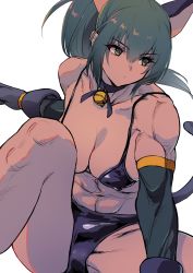 Rule 34 | 1girl, abs, absurdres, animal costume, animal ears, animal hands, bell, beniazumaru, biceps, bikini, black bikini, blue eyes, blue hair, cat costume, cat ears, cat tail, elbow gloves, gloves, highres, jingle bell, leona heidern, muscular, muscular female, paw gloves, simple background, snk heroines: tag team frenzy, solo, swimsuit, tail, tan, the king of fighters