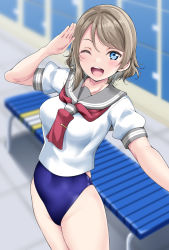 Rule 34 | 1girl, :d, bad id, bad twitter id, bench, blouse, blue eyes, blue one-piece swimsuit, blurry, blush, breasts, depth of field, from side, grey hair, highres, indoors, legs together, locker, locker room, looking at viewer, love live!, love live! sunshine!!, medium breasts, neckerchief, no pants, one-piece swimsuit, one eye closed, open mouth, outstretched hand, red neckerchief, sailor collar, school swimsuit, school uniform, serafuku, shirt, short hair, skindentation, smile, solo, swept bangs, swimsuit, swimsuit under clothes, teeth, thighs, upper teeth only, watanabe you, white shirt, yopparai oni