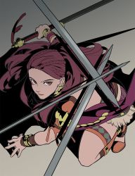 Rule 34 | 1girl, bracelet, brown eyes, byuub, closed mouth, earrings, fire emblem, fire emblem: three houses, holding, holding sword, holding weapon, jewelry, long hair, nintendo, petra macneary, ponytail, purple hair, solo, sword, thigh strap, weapon