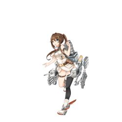 Rule 34 | 15k, 1girl, :d, aiguillette, arm up, armband, asymmetrical legwear, bare shoulders, belt, blue eyes, boots, brown hair, buttons, cannon, clenched hand, cross, depth charge, double-breasted, fang, full body, hair between eyes, hair ornament, holster, iron cross, jacket, looking at viewer, machinery, military, military uniform, no pants, official art, open mouth, panties, pocket, ponytail, remodel (warship girls r), single sock, single thighhigh, sleeveless, smile, smokestack, socks, solo, standing, standing on one leg, striped clothes, striped panties, thigh strap, thighhighs, torpedo, transparent background, turret, underwear, uneven legwear, uniform, warship girls r, white footwear, white jacket, z1 leberecht maass (warship girls r)