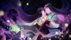 Rule 34 | 2girls, absurdres, bug, butterfly, closed eyes, dark background, expressionless, highres, holding, holding hands, holding jewelry, holding necklace, insect, jewelry, light, long hair, multiple girls, necklace, purple hair, qinshi mingyue, shao siming (qin shi ming yue), shao siming zhuye, tassel, thighhighs, veil
