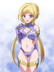 Rule 34 | 1girl, bare shoulders, blonde hair, blush, breasts, cameltoe, cleft of venus, covered erect nipples, female focus, heigako, long hair, looking at viewer, melua melna meia, navel, open mouth, purple eyes, smile, solo, standing, super robot wars, super robot wars j, super robot wars judgement, super robot wars original generation, thigh gap, twintails