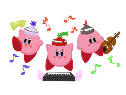 Rule 34 | cosplay, crossover, hat, instrument, keyboard, keyboard (instrument), kirby, kirby (series), lunasa prismriver, lunasa prismriver (cosplay), lyrica prismriver, lyrica prismriver (cosplay), merlin prismriver, merlin prismriver (cosplay), music, nintendo, no humans, parody, touhou, violin, white background